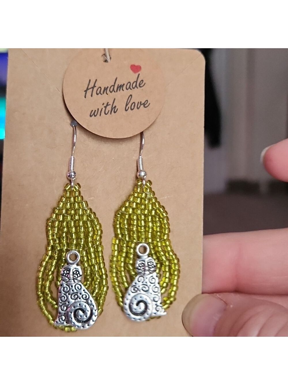 Beaded Dangle Earrings with Cat Charms Handmade